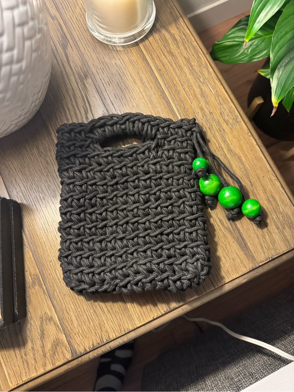 Bonita Bolso Black Crochet Mini Bag with Green Bead Accent by Yvonne